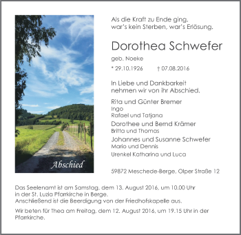 Traueranzeige von Dorothea Schwefer von Tageszeitung