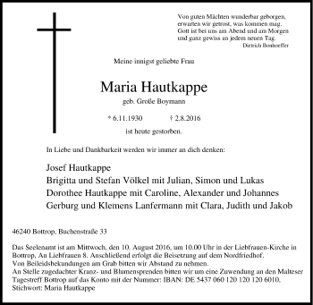 Traueranzeige von Maria Hautkappe von Tageszeitung
