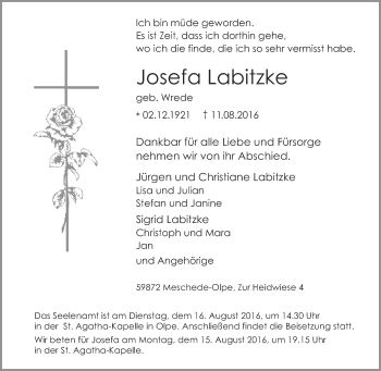 Traueranzeige von Josefa Labitzke von Tageszeitung