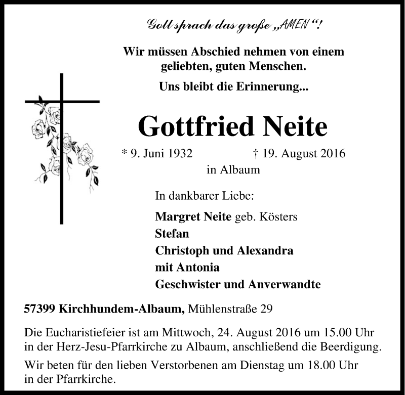 Traueranzeige für Gottfried Neite vom 22.08.2016 aus Tageszeitung