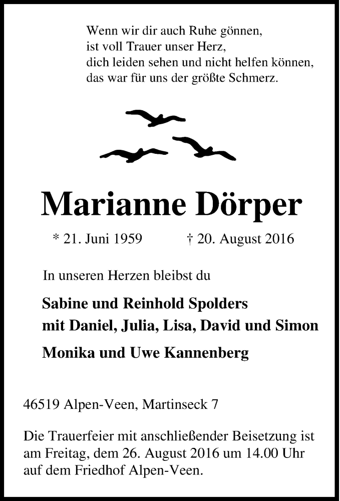 Traueranzeige für Marianne Dörper vom 23.08.2016 aus Tageszeitung