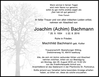 Traueranzeige von Joachim Bachmann von Tageszeitung