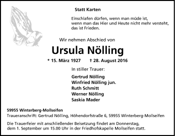 Traueranzeige von Ursula Nölling von Tageszeitung