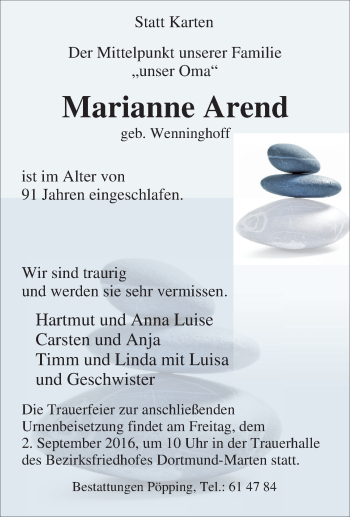Traueranzeige von Marianne Arend von Tageszeitung