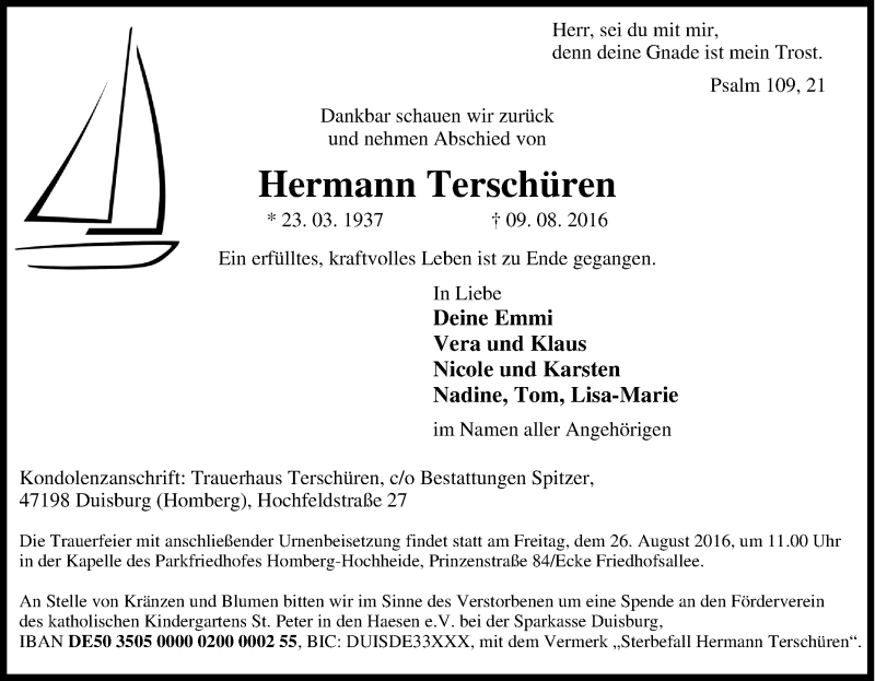  Traueranzeige für Hermann Terschüren vom 18.08.2016 aus Tageszeitung