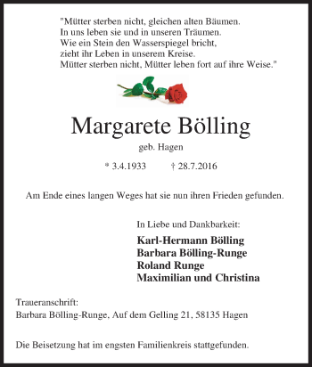 Traueranzeige von Margarete Bölling von Tageszeitung