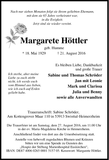 Traueranzeige von Margarete Höttler von Tageszeitung