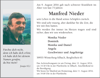 Traueranzeige von Manfred Nieder von Tageszeitung