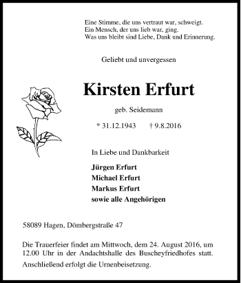 Traueranzeige von Kirsten Erfurt von Tageszeitung