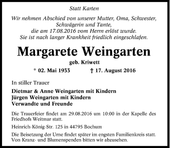 Traueranzeige von Margarete Weingarten von Tageszeitung