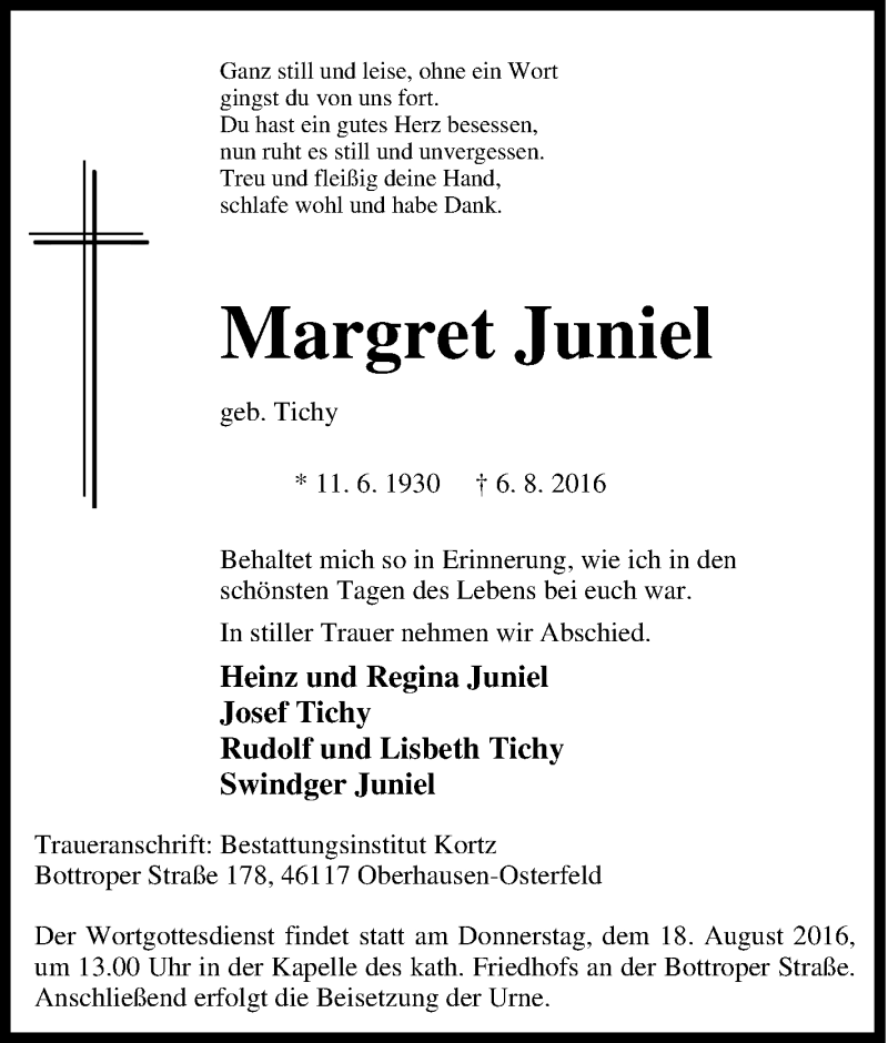  Traueranzeige für Margret Juniel vom 13.08.2016 aus Tageszeitung