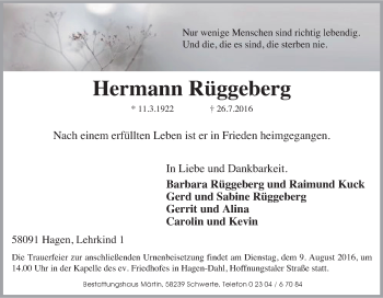 Traueranzeige von Hermann Rüggeberg von Tageszeitung