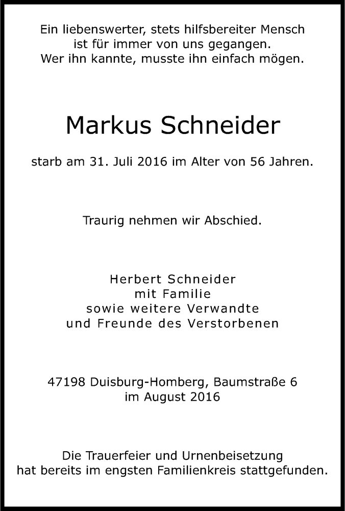  Traueranzeige für Markus Schneider vom 24.08.2016 aus Tageszeitung