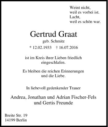 Traueranzeige von Gertrud Graat von Tageszeitung