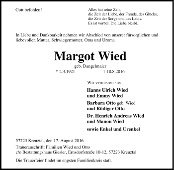 Traueranzeige von Margot Wied von Tageszeitung