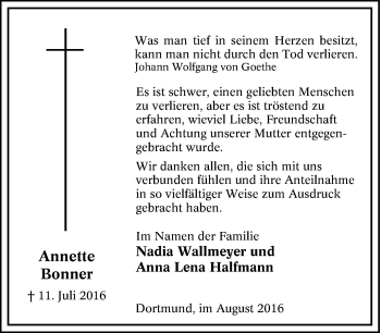 Traueranzeige von Annette Bonner von Tageszeitung