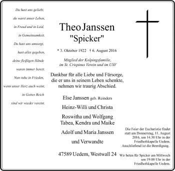 Traueranzeige von Theo Janssen von Tageszeitung