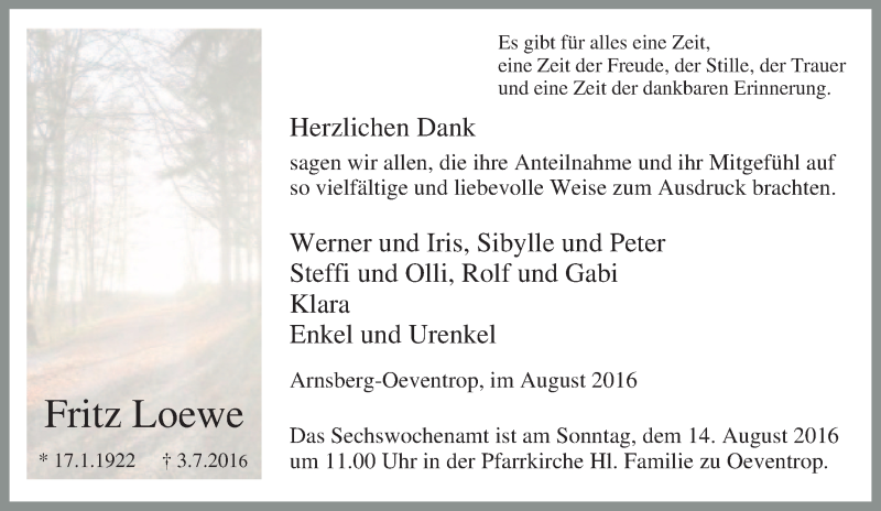  Traueranzeige für Fritz Loewe vom 06.08.2016 aus Tageszeitung