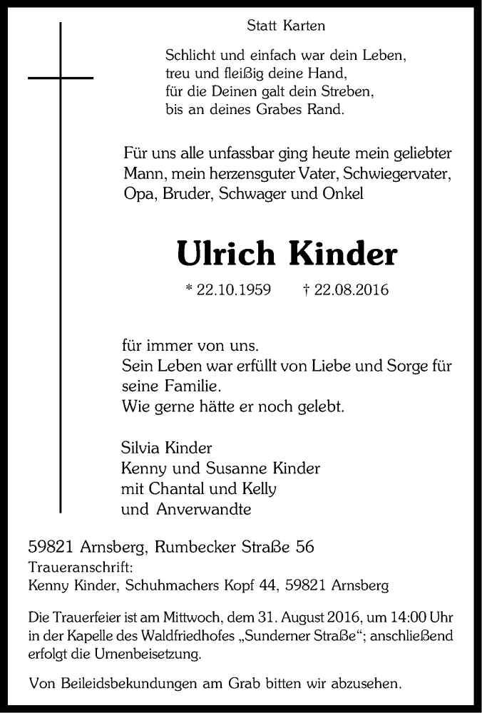  Traueranzeige für Ulrich Kinder vom 25.08.2016 aus Tageszeitung