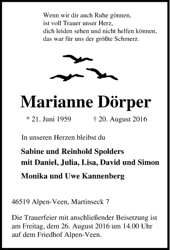 Traueranzeige von Marianne Dörper von Tageszeitung
