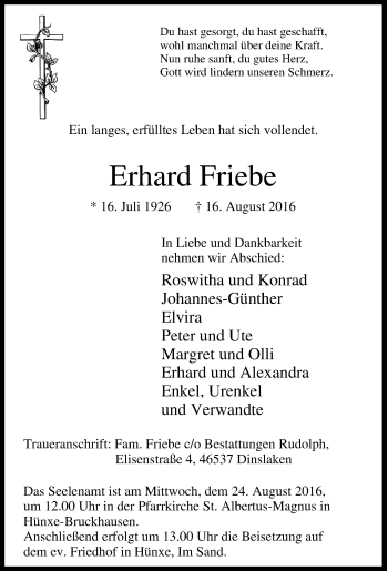 Traueranzeige von Erhard Friebe von Tageszeitung