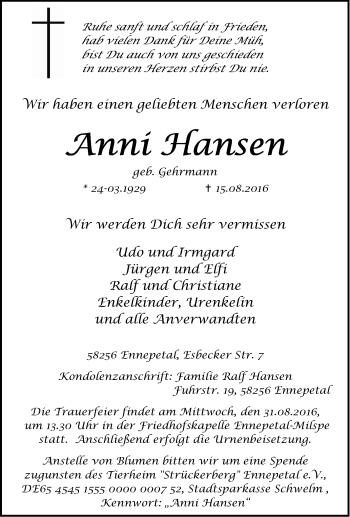 Traueranzeige von Anni Hansen von Tageszeitung