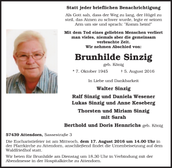 Traueranzeige von Brunhilde Sinzig von Tageszeitung