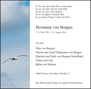 Traueranzeige von Hermann von Bargen von Tageszeitung