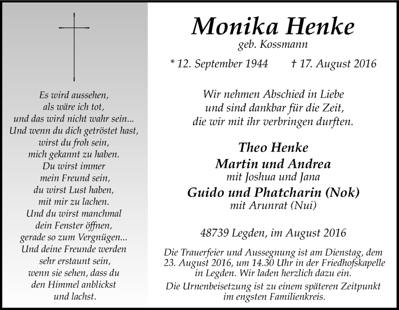  Traueranzeige für Monika Henke vom 20.08.2016 aus Tageszeitung
