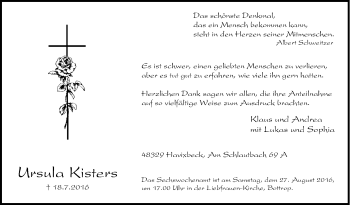 Traueranzeige von Ursula Kisters von Tageszeitung