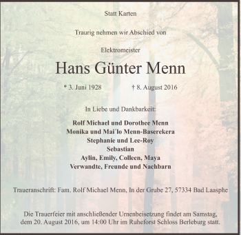 Traueranzeige von Hans Günter Menn von Tageszeitung