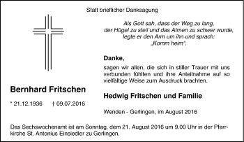 Traueranzeige von Bernhard Fritschen von Tageszeitung