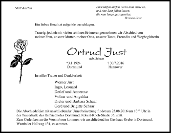 Traueranzeige von Ortrud Just von Tageszeitung