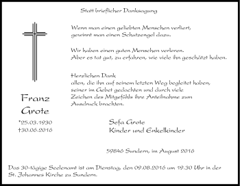 Traueranzeige von Franz Grote von Tageszeitung
