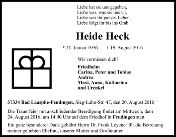 Traueranzeige von Heide Heck von Tageszeitung