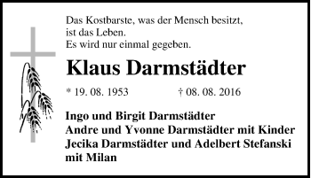 Traueranzeige von Klaus Darmstädter von Tageszeitung