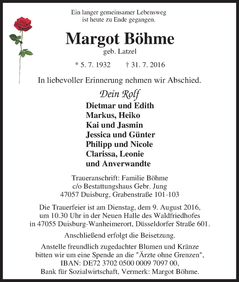  Traueranzeige für Margot Böhme vom 04.08.2016 aus Tageszeitung