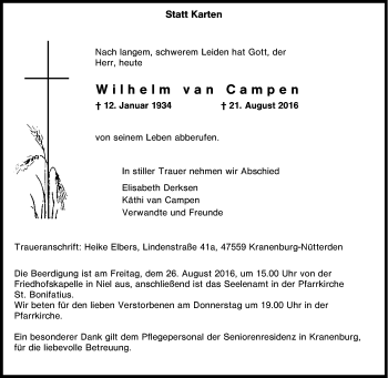 Traueranzeige von Wilhelm van Campen von Tageszeitung