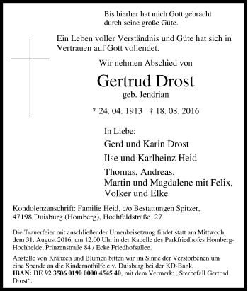 Traueranzeige von Gertrud Drost von Tageszeitung