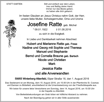 Traueranzeige von Josefine Ratte von Tageszeitung