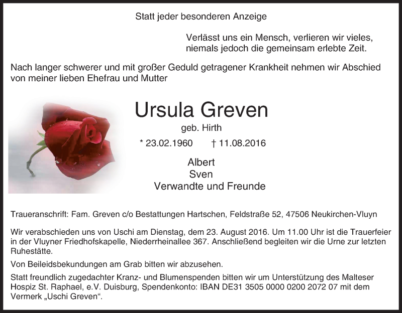  Traueranzeige für Ursula Greven vom 17.08.2016 aus Tageszeitung