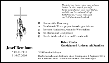 Traueranzeige von Josef Bembom von Tageszeitung