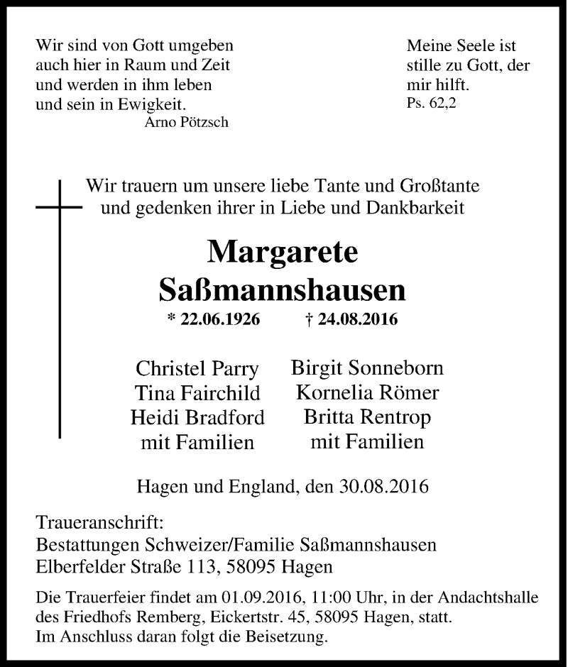  Traueranzeige für Margarete Saßmannshausen vom 30.08.2016 aus Tageszeitung