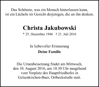 Traueranzeige von Christa Jakubowski von Tageszeitung