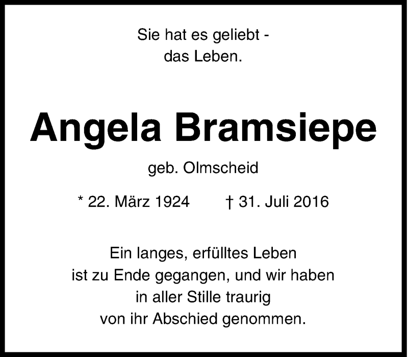  Traueranzeige für Angela Bramsiepe vom 06.08.2016 aus Tageszeitung