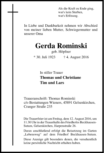 Traueranzeige von Gerda Rominski von Tageszeitung