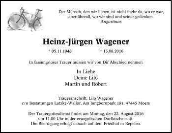 Traueranzeige von Heinz-Jürgen Wagener von Tageszeitung