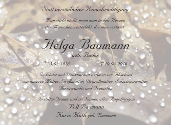 Traueranzeige von Helga Baumann von Tageszeitung