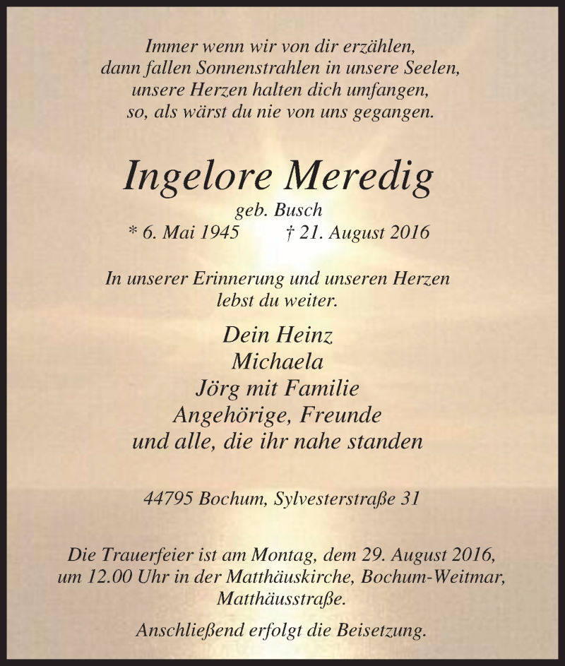  Traueranzeige für Ingelore Meredig vom 25.08.2016 aus Tageszeitung