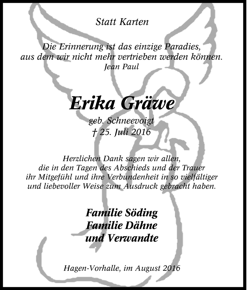  Traueranzeige für Erika Gräwe vom 27.08.2016 aus Tageszeitung